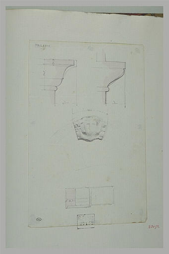 Deux profils de corniche ; mascaron avec tête ; plan