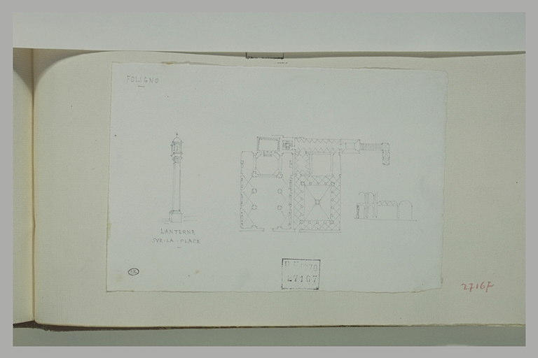 A Foligno : lanterne sur la place, un plan et un croquis de façade