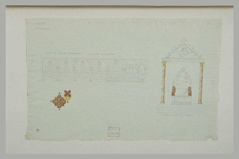 Coupe de l'église supérieure, siège dans le choeur, et pavement à Assise