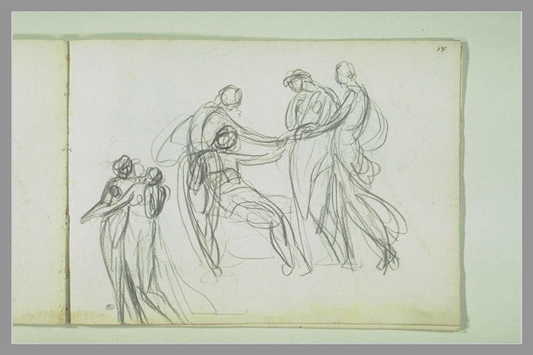 Une figure couchée entourée par d'autres ; deux femmes debout