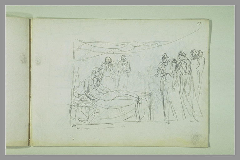 Une homme à demi étendu sur un lit entouré de figures