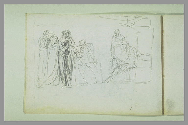 Deux hommes assis entourés de figures