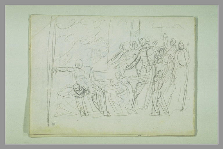 Un homme à demi étendu entouré de figures