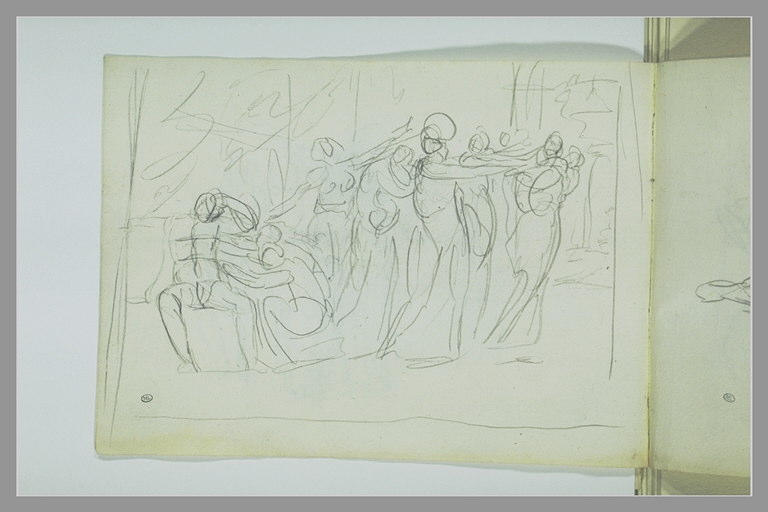 Une figure assise et une autre agenouillée entourées de figures debout