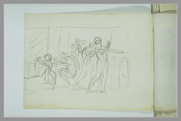 Un homme assis entouré de figures agenouillées et debout