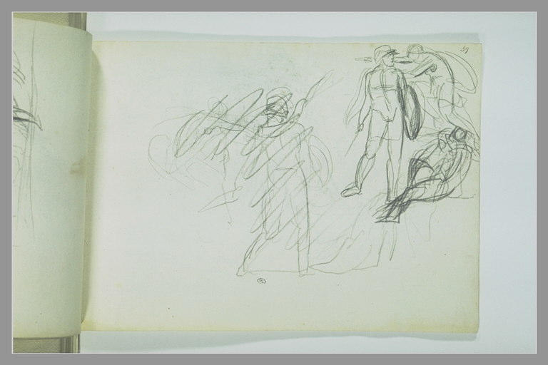 Figure volante empêchant un soldat de frapper une femme couchée ; soldat