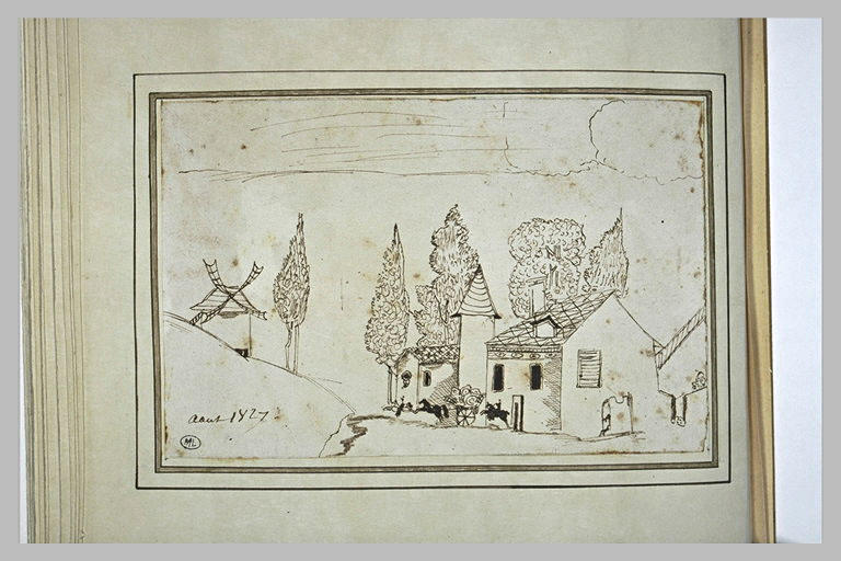 Paysage : maison parmi des arbres, un moulin à gauche