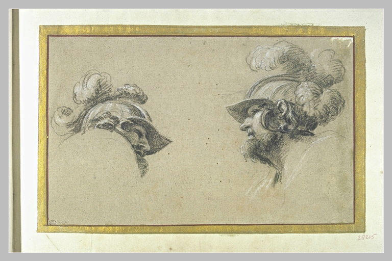 Deux têtes d'homme coiffées d'un casque