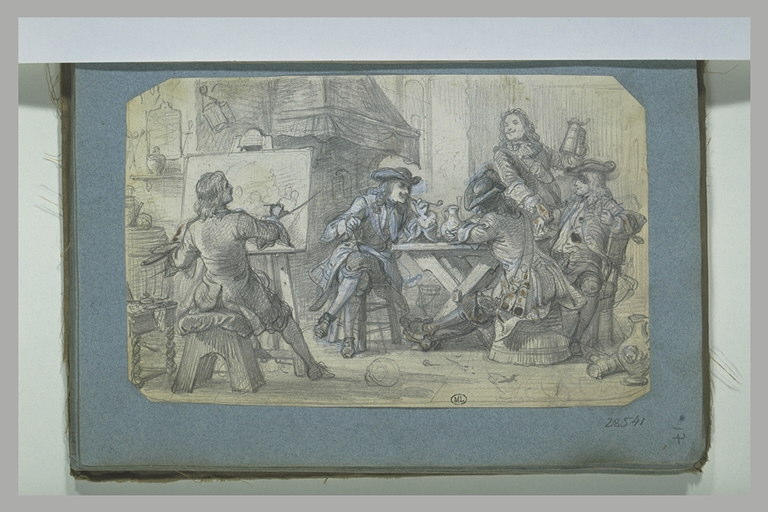 Peintre faisant un tableau devant quatre hommes dans un estaminet