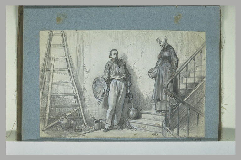 Dans un escalier, peintre s'effaçant pour laisser passer une femme