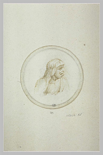 Vieille femme en buste de profil à droite, coiffée d'un voile