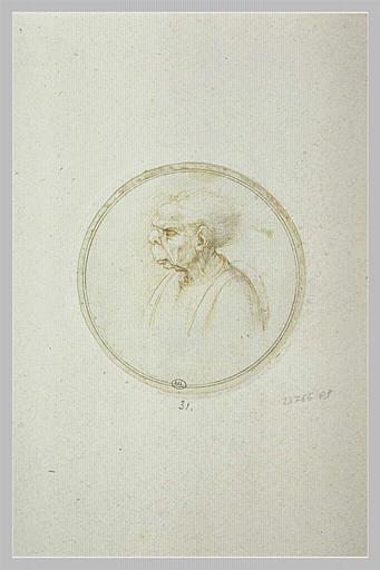 Vieil homme en buste de profil à gauche, les cheveux soufflés vers l'arrière