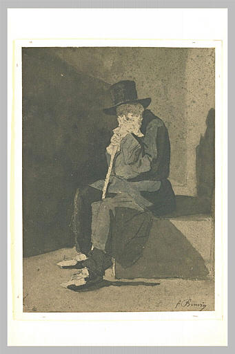 Vieillard à barbe blanche, assis de trois quarts à gauche sur une pierre