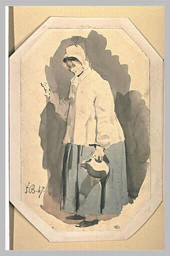 Femme en jupon bleu et camisole blanche, un bonnet sur la tête