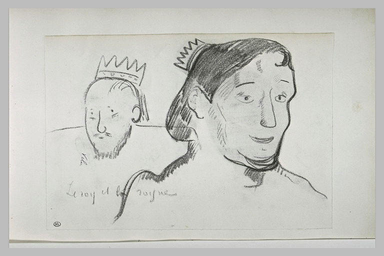 Tête d'homme barbu, coiffé d'une couronne de carton ; tête de femme