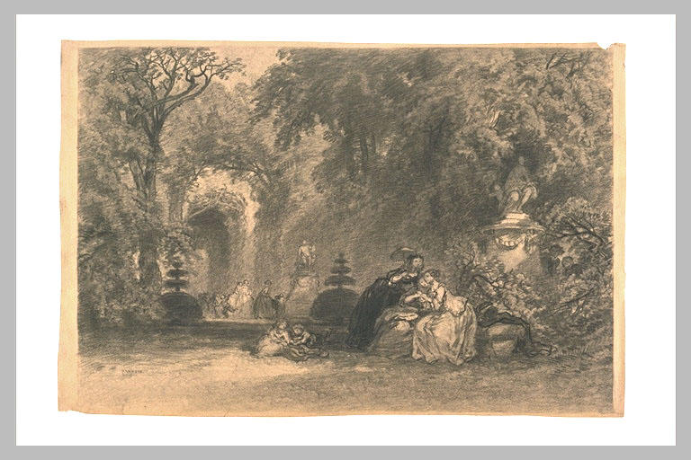 Femmes et enfants dans un parc orné de statues