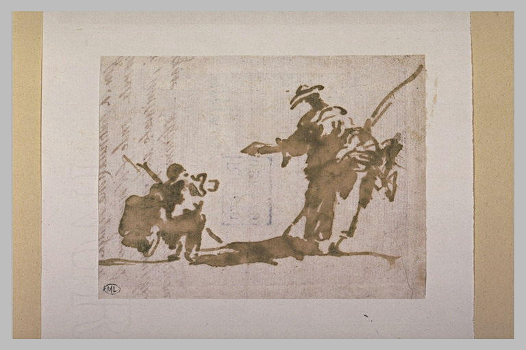 Personnage debout, discutant avec un autre personnage, assis face à lui