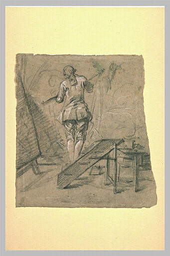 Peintre dans son atelier, vu de dos, peignant sur une grande toile