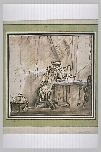 Homme méditant, assis dans son cabinet de travail.