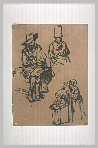 Homme assis, homme en buste coiffé d'un bonnet, et deux enfants