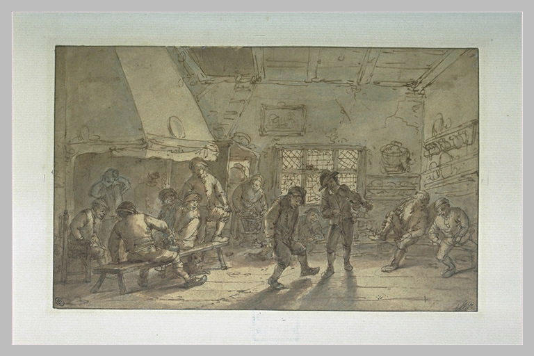Un paysan dansant et un violoneux, dans une salle d'auberge
