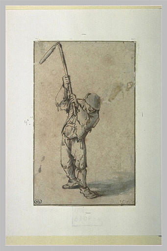 Homme debout, de face, maniant un fléau