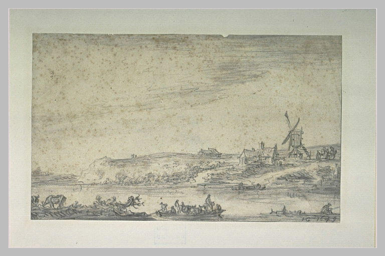 Barques sur une rivière, avec un moulin et des habitations sur la berge