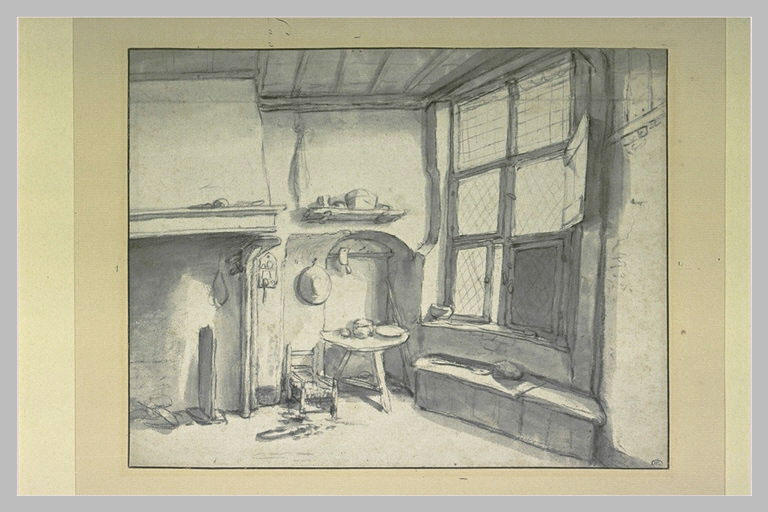 Intérieur d'une chambre éclairée par une fenêtre à droite