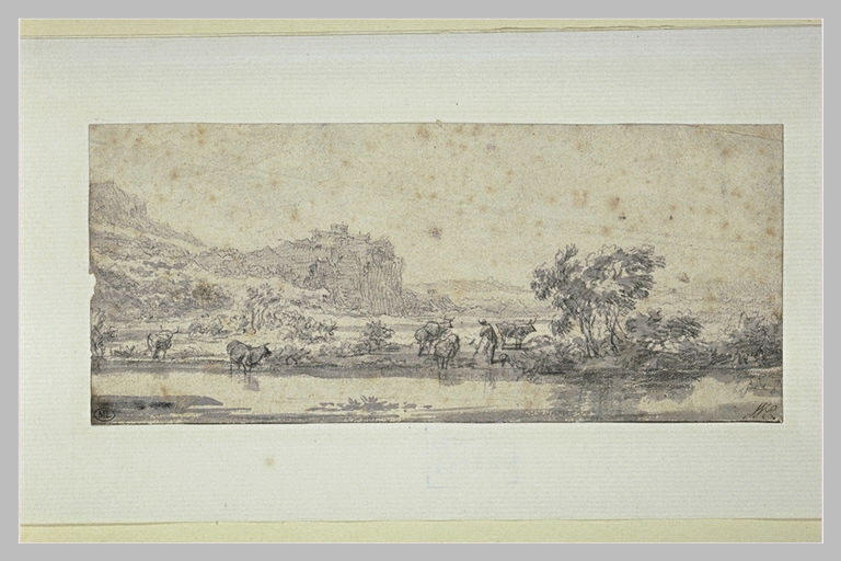 Paysage : une rivière ; homme et vaches au bord de l'eau