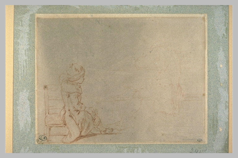 Enfant assis, tourné de profil à droite, sur le bord d'une chaise