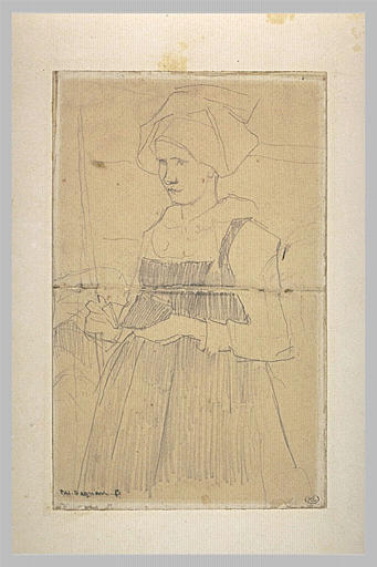 Paysanne bretonne, debout, de trois quarts à gauche