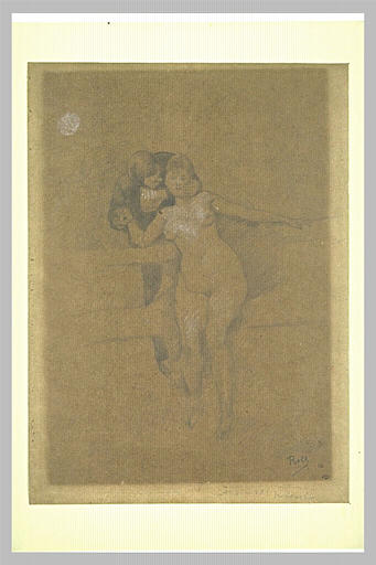 Homme en habit, derrière une balustrade, retenant une femme nue