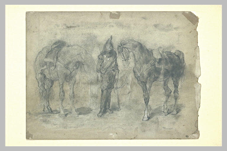 Cuirassier entre deux chevaux qu'il tient par la bride