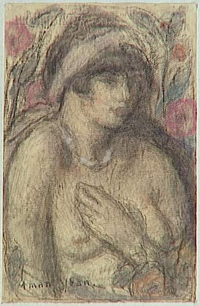 Buste de jeune fille nue, la main sur la poitrine