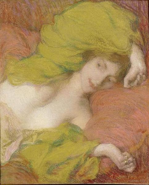 FARNIENTE : JEUNE FEMME VUE EN BUSTE, ETENDUE SUR UN LIT