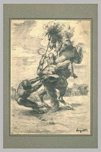 Homme nu s'arc-boutant pour désarçonner un homme nu d'un cheval