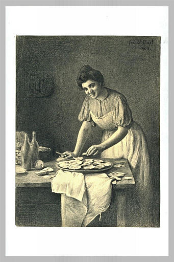 L'écailleuse d'huitres ; debout, derrière une table