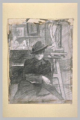 Portrait de femme assise, de face, une cigarette dans la main droite