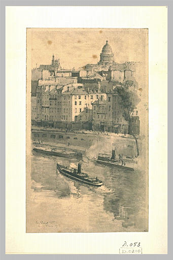 Le quai des Grands Augustins : passage d'une péniche et péniches à quai