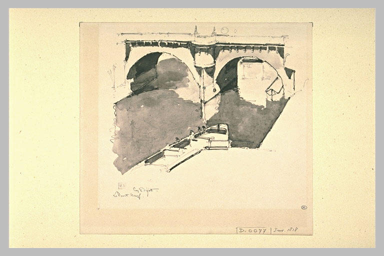 Deux arches du Pont-Neuf avec une grosse barge à quai