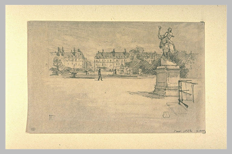 Vue prise dans le jardin des Tuileries, avec à droite un groupe sculpté