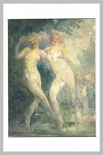 Deux femmes et un enfant nus, dansant, dans un paysage