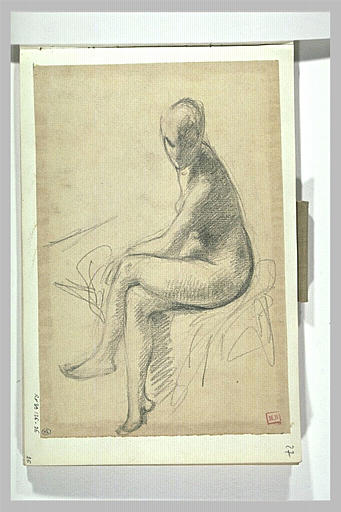 Femme nue, assise, jambes croisées, de trois quarts gauche, la tête de face