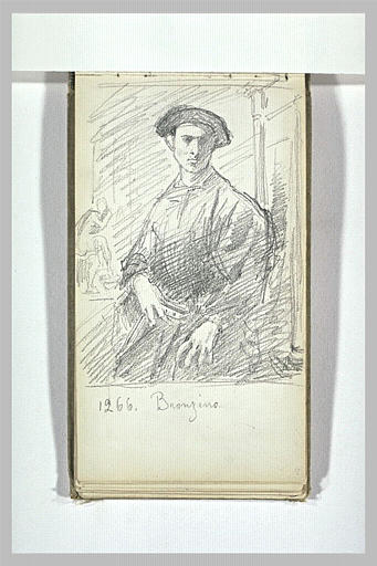 Portrait d'homme drapé avec chapeau, assis de face, tenant un livre