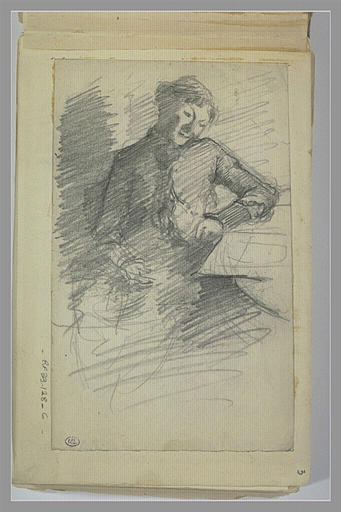 Homme assis, de face, le coude gauche sur le bord d'une table