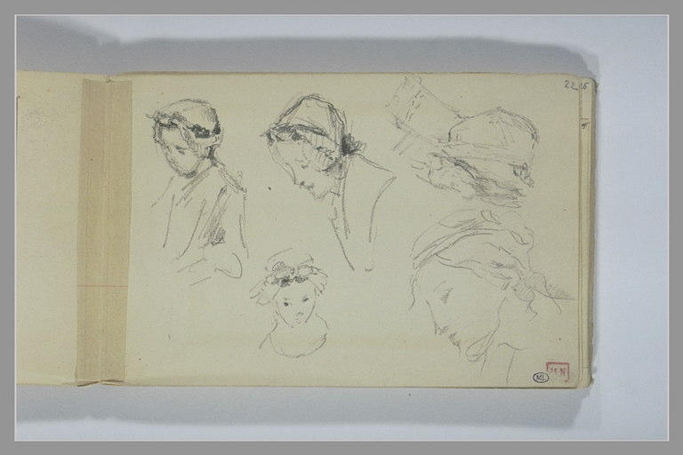 Cinq croquis de têtes de femmes ou d'enfants coiffées de bonnets