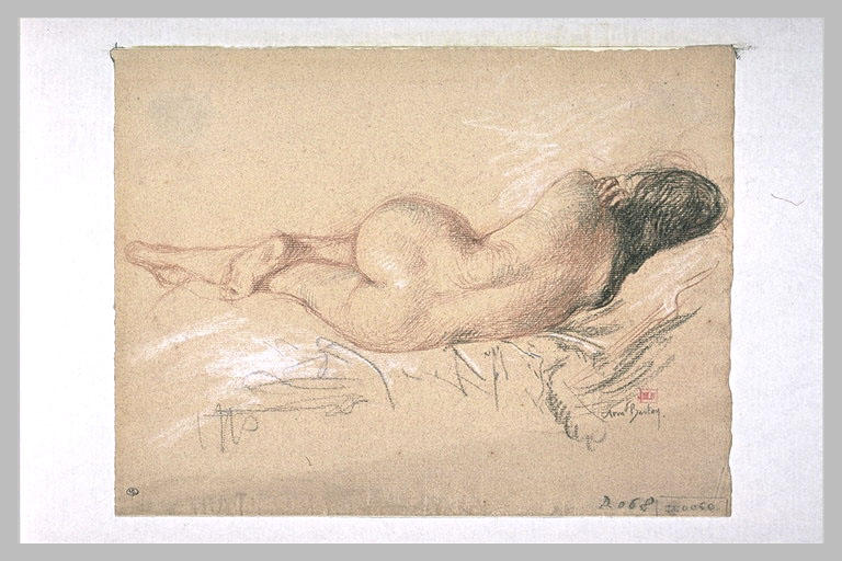 Femme nue, de dos, étendue sur le côté droit