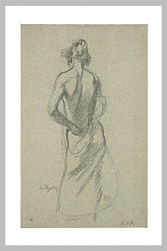 Femme demi nue, dos, la main gauche sur la hanche