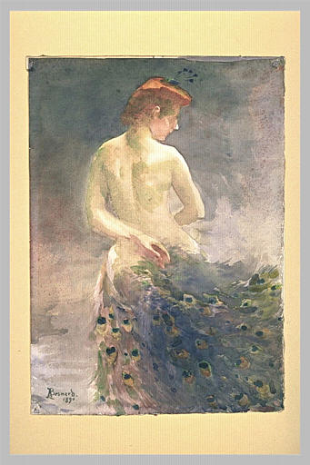 Femme nue, de dos, avec une queue de paon, la tête de profil à droite