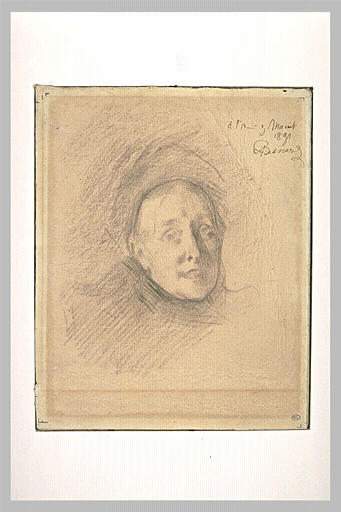 Tête de femme, de trois quarts vers la droite, coiffée d'un bonnet